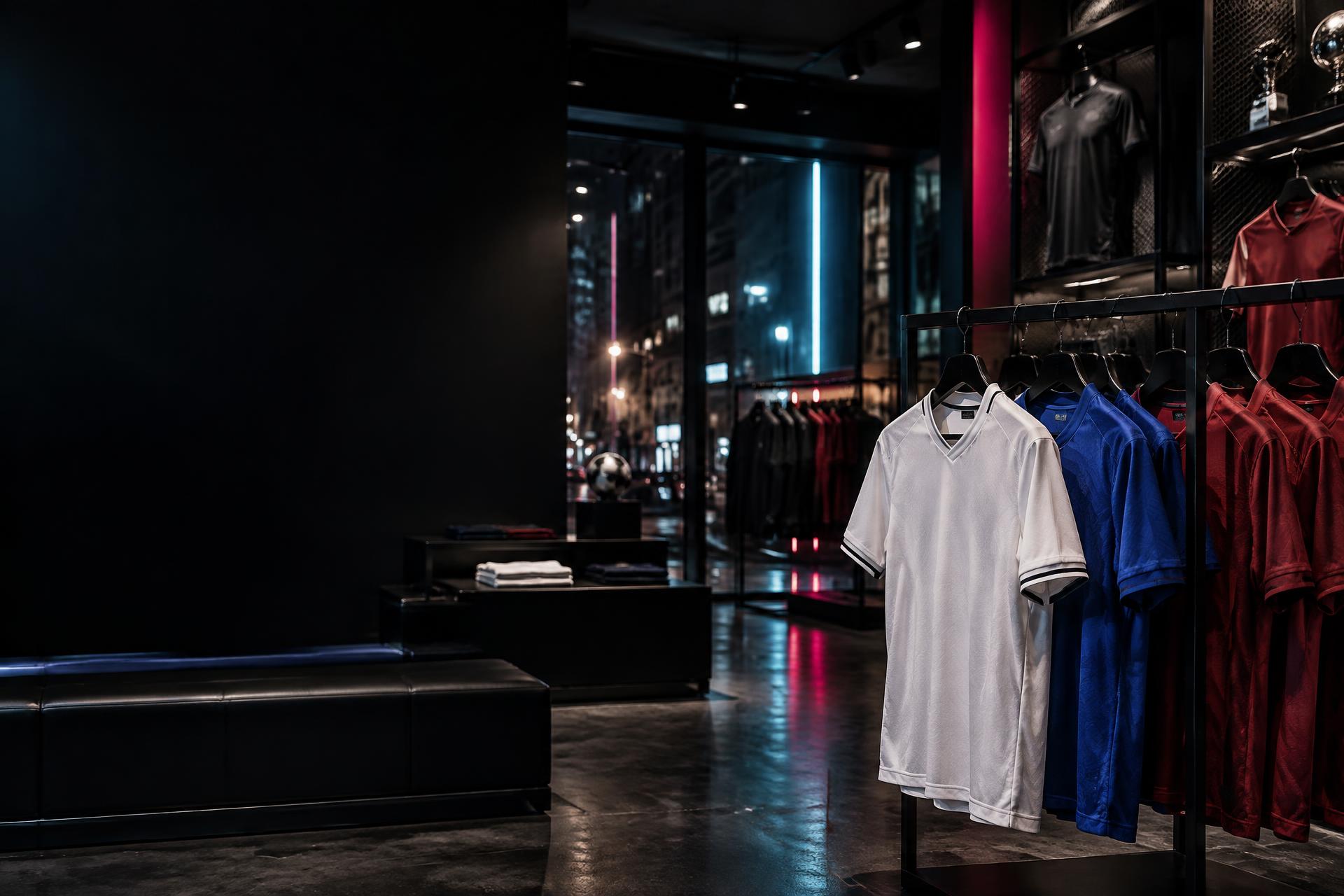 Camisas de futebol em uma loja iluminada